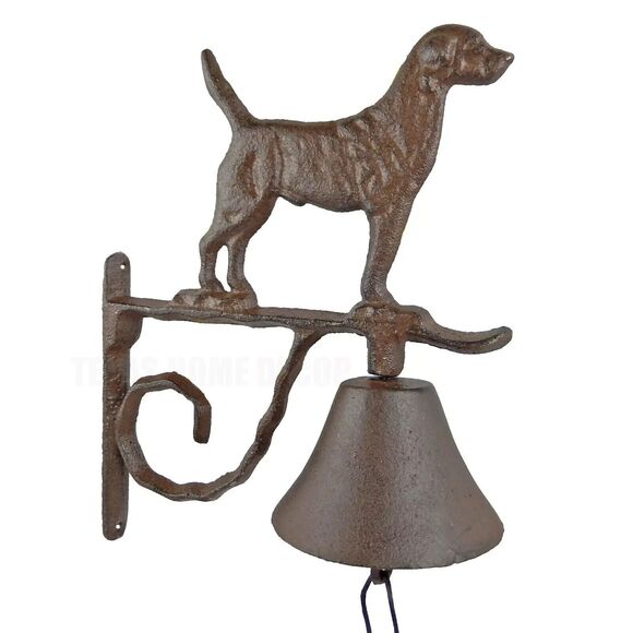 Dog Scroll Dinner Bell Cast Iron Wall Mounted Rustic Antique Brown Finish - Picture 6 of 7